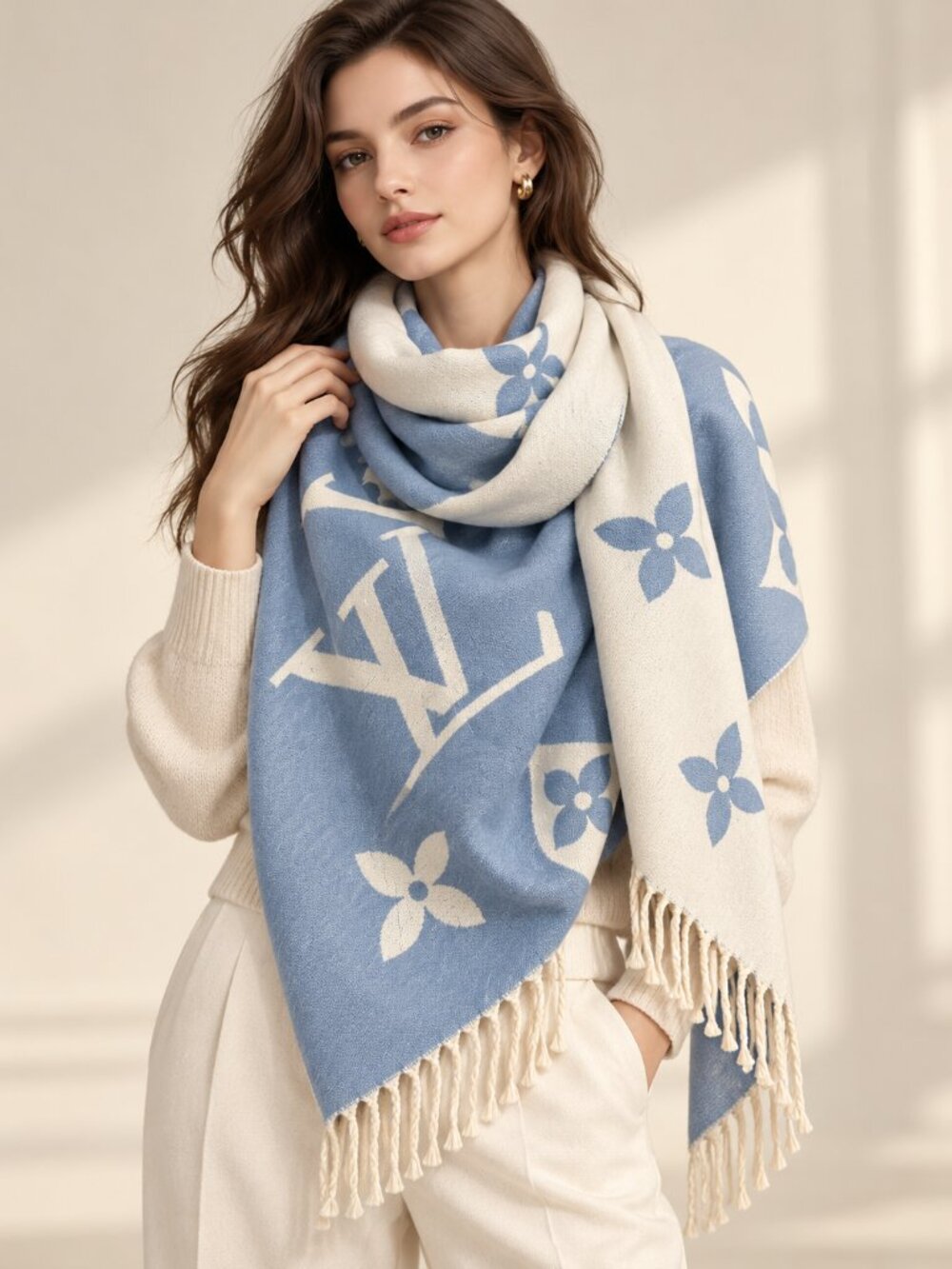 Blue Cream Monogram Floral Fringe Blanket Scarf Wrap Shawl